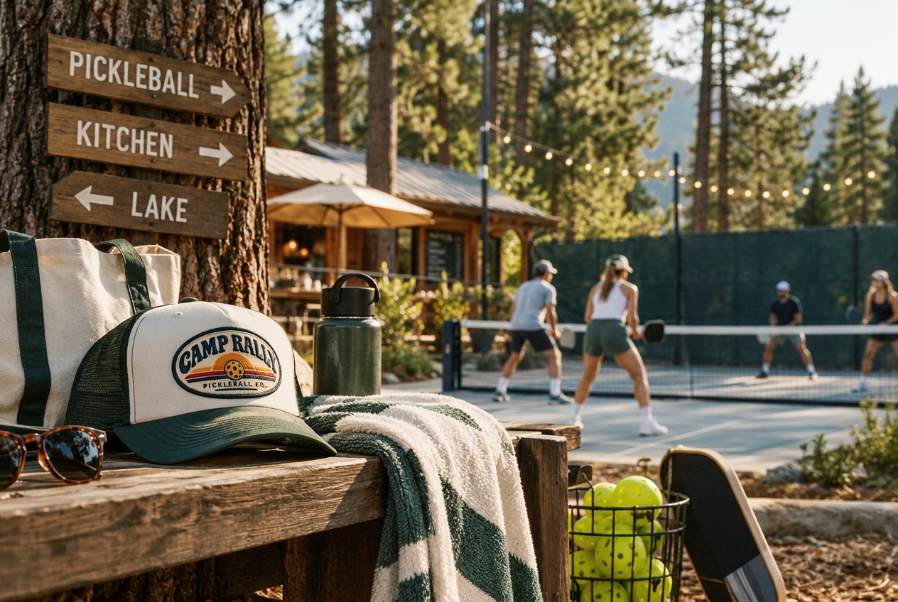 Camp Rally lifestyle — a weathered bench with a trucker cap, tote, paddle and balls while four players rally on an outdoor court surrounded by pine forest